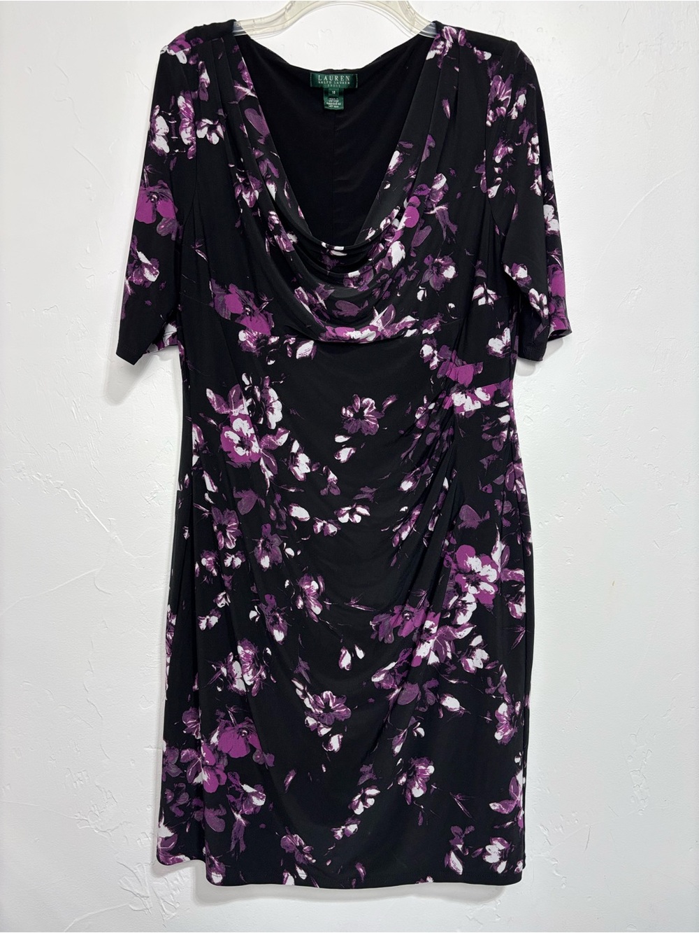 Lauren Ralph Lauren Women's 18 Black Purple Floral Cowl Neck 3/4 Sheath Jersey